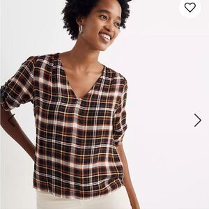 Madewell Plaid Cinch-Sleeve Top Size XS NWOT